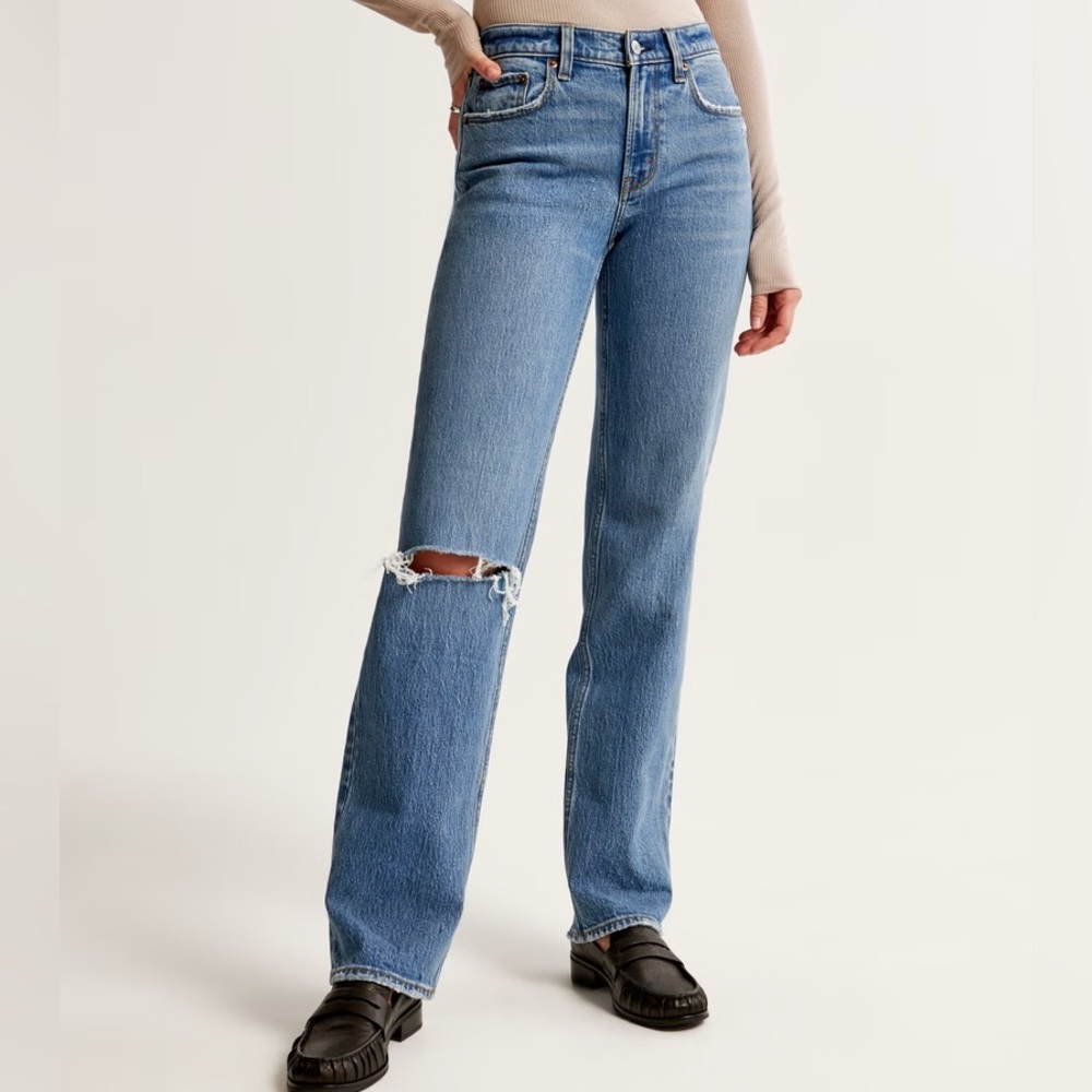 Distressed Abercrombie Mid Rise 90s Long Medium Wash Straight Blue Jeans